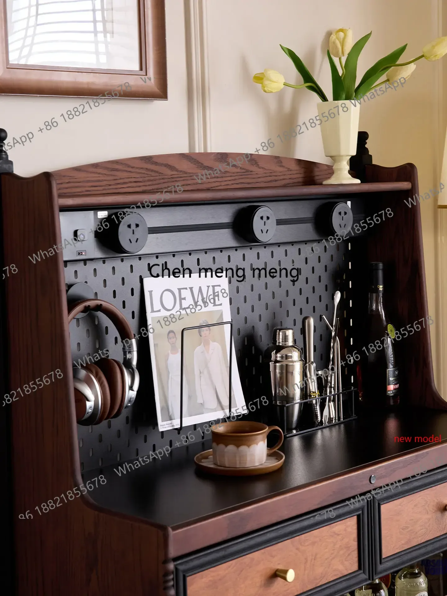 h178Retro solid wood mobile side cabinet, living room with wheel display, storage, high cabinetf132