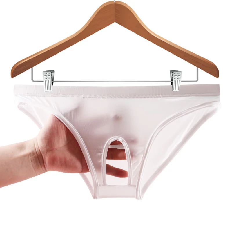 Yezimei-Sous-vêtement à entrejambe ouvert pour homme, culotte audio basse pour adulte, sous-vêtement sexy en soie glacée creuse