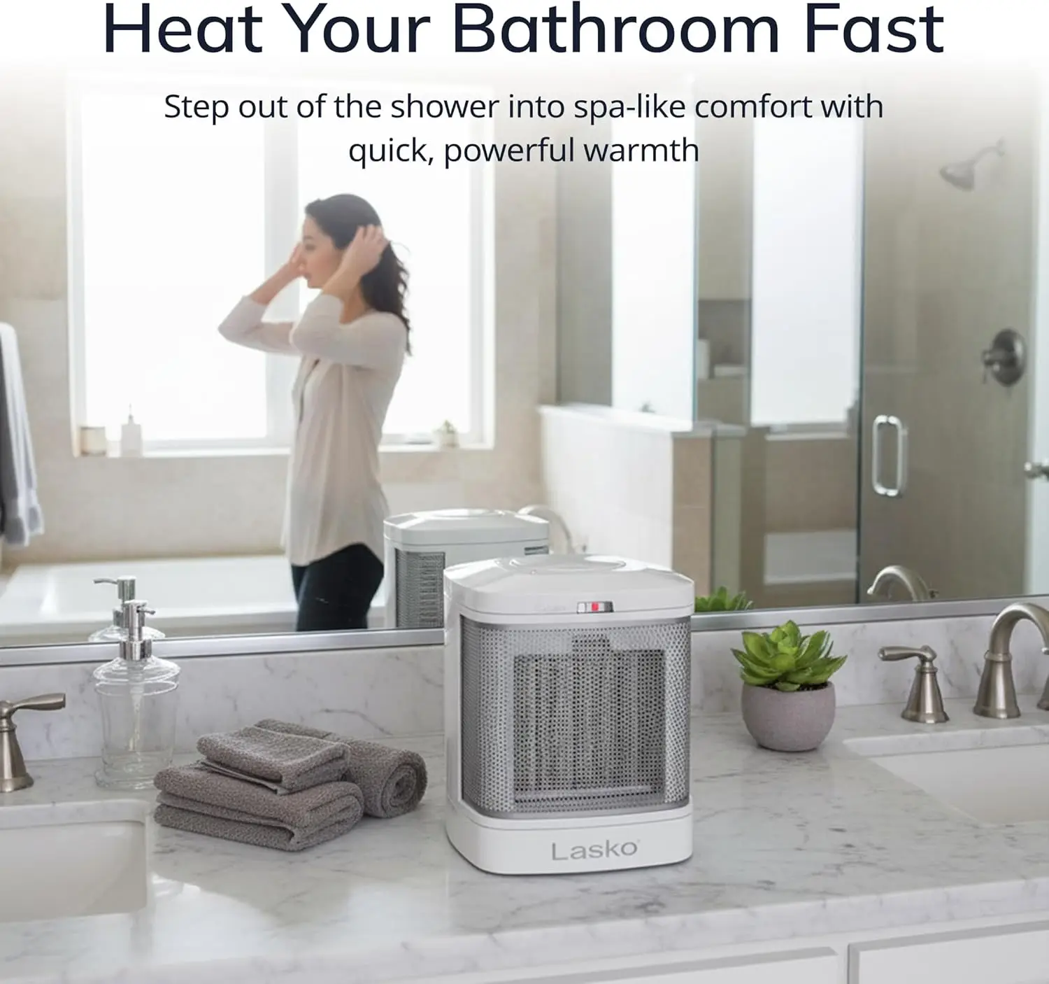 Portable Electric Ceramic Space Heater with ALCI Plug for Bathroom Use, 2 Heat Settings and Simple Heat Button, 8 Inches