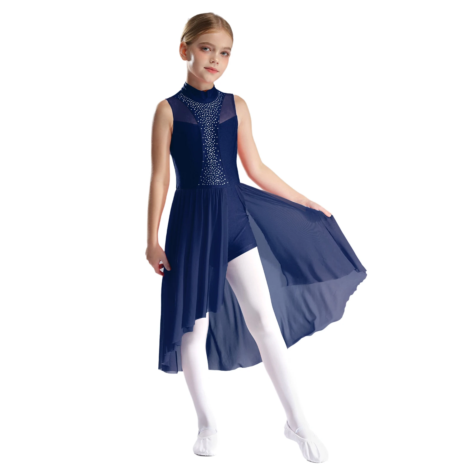 Girls Modern Lyrical Dance Dress Rhinestone Figure Skating Leotard Dress Sleeveless Mesh Gymnastic Ballet Contemporary Dancewear