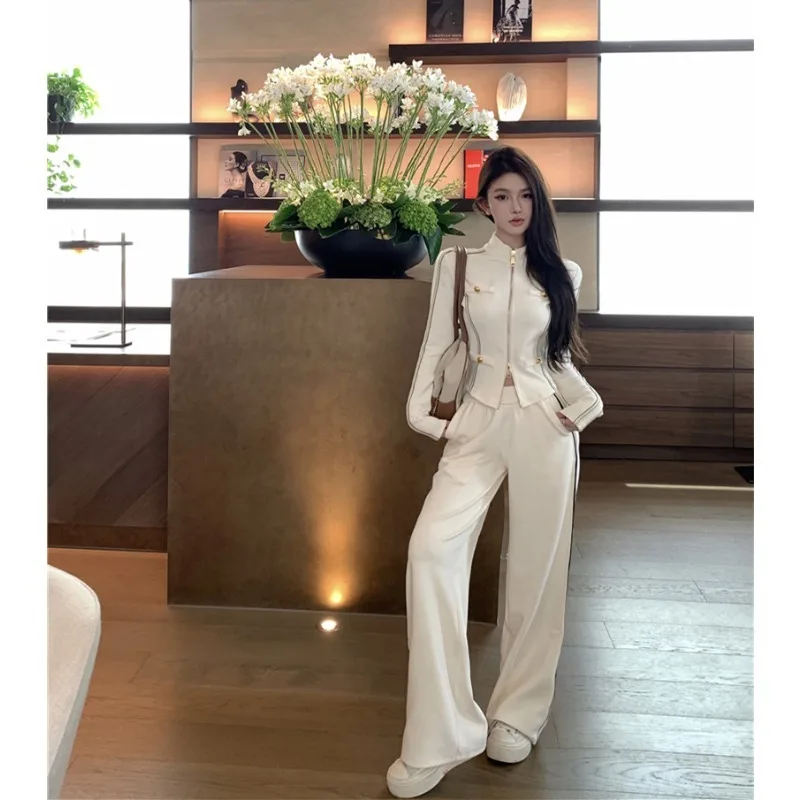 

Весенний женский свободный спортивный костюм, толстовка на молнии, пальто + прямые брюки с высокой талией, спортивная одежда, женский осенний повседневный комплект из двух предметов