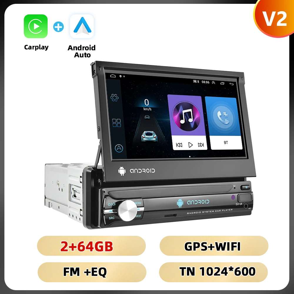 Podofo 1Din 7 ''Auto Multimedia Speler 8 + 128G 8Core Autoradio Carplay Android Auto WIFI GPS Navigatie Intrekbaar Scherm Stereo
