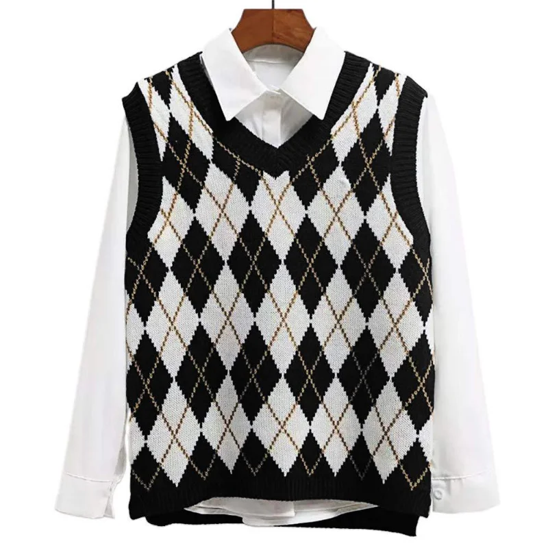 Women Sweater Vest Top Spring Autumn Fashion Loose Fit Argyle Pullover Knitting Vest Women Sleeveless V-neck Hollow Out Vest