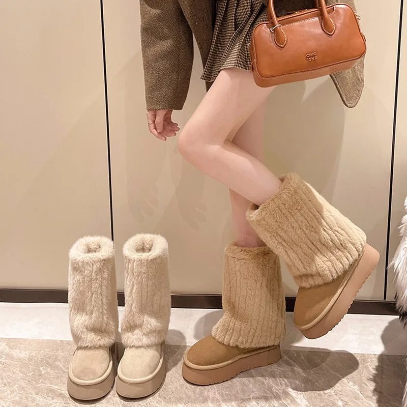 2024 New Chunky Boots Thickened Snow Boots for Woman Fur Plush Long Boots Lolita Shoes Designer Socks Shoes Women Incressed Boot