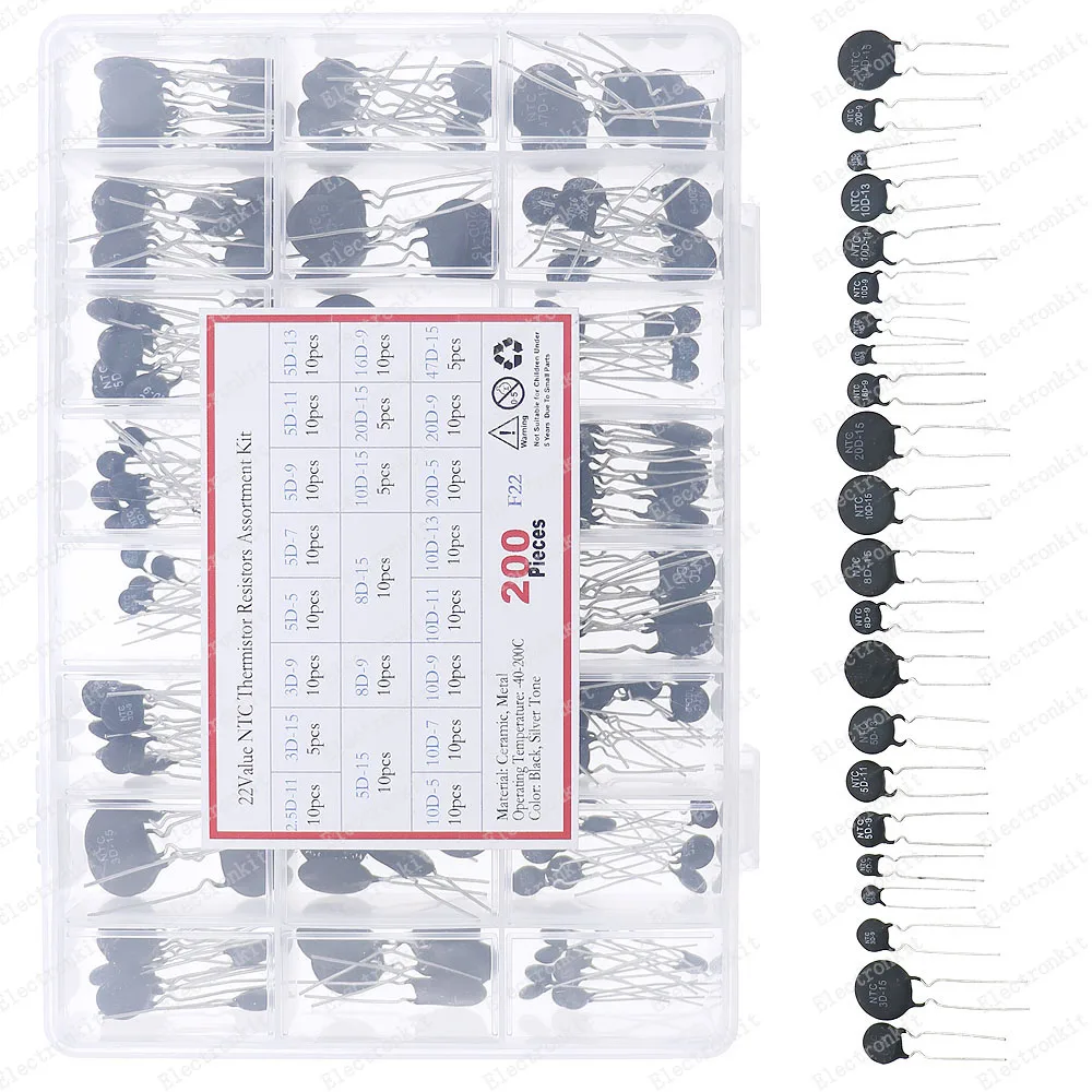 200Pcs 22Value NTC Thermistor Negative Temperature Coefficient Mix kit3D-15 5D-7 5D-11 8D-9 8D-15 10-5 10D-9 10D-11 20D-5 47D-15