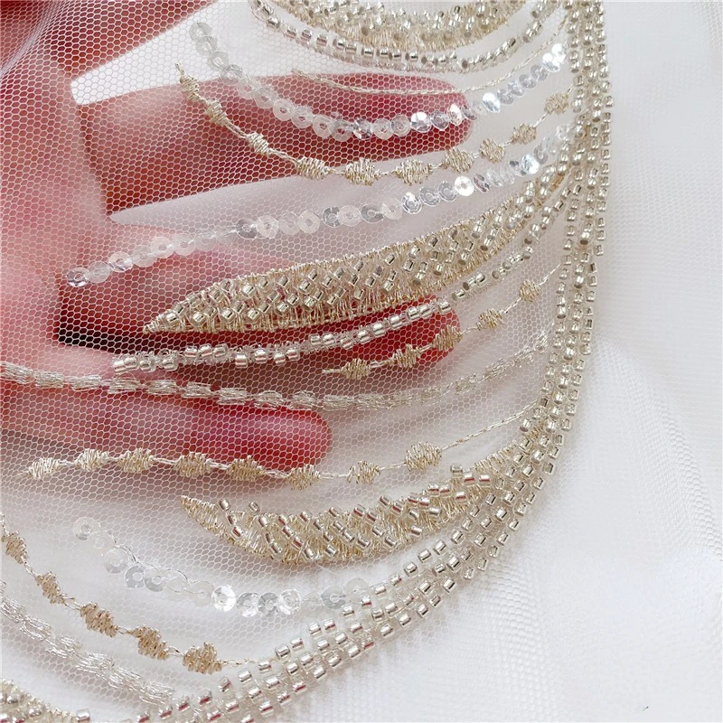 Mesh Lace Trims Sew On Patches, Gold Thread, Silver Beads, Feather Leaves, Embroidery, Wedding Appliques, DIY Decoration 45x49cm