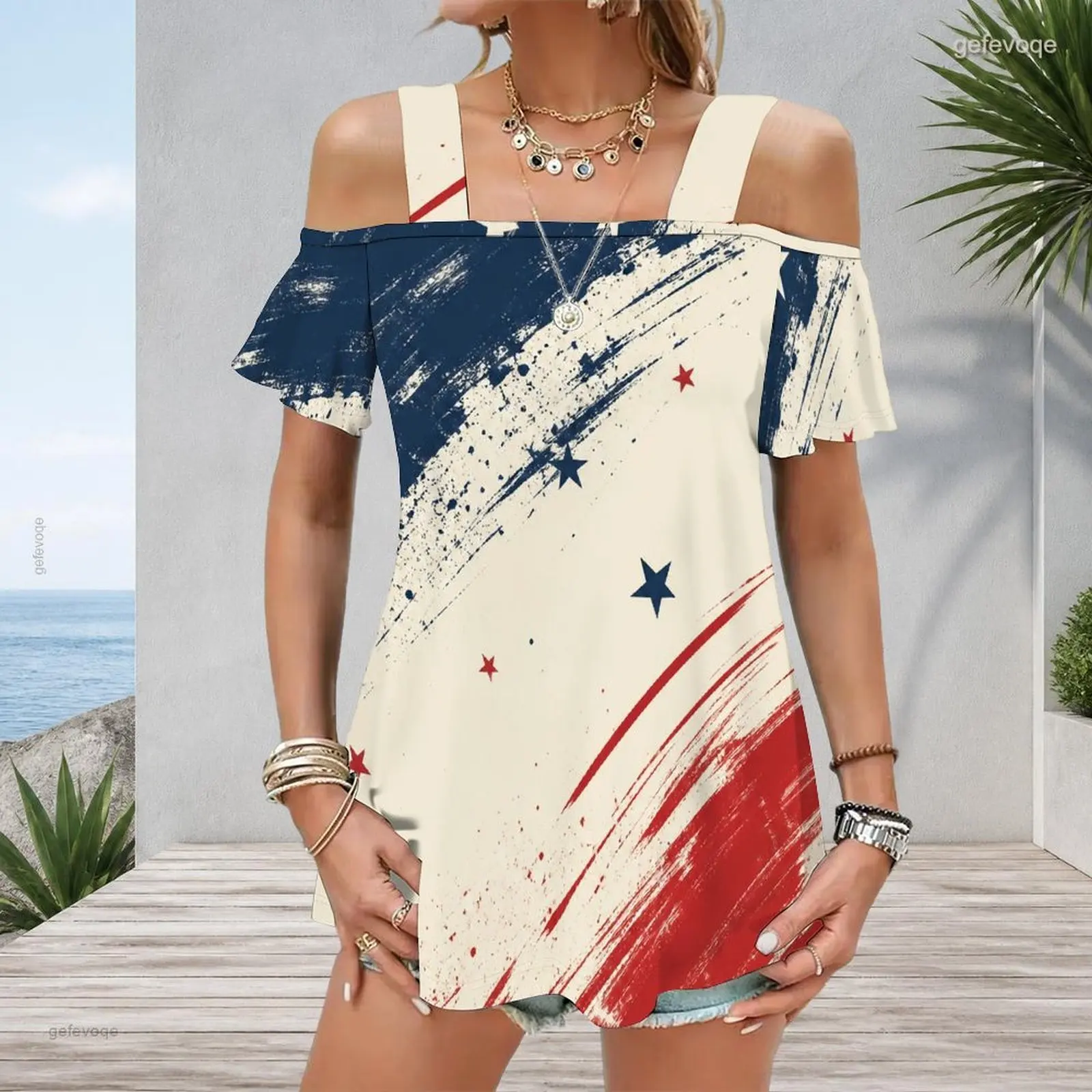 Women Printed Top Wide Straps Cold Shoulder Flutter Sleeve Straight Hem