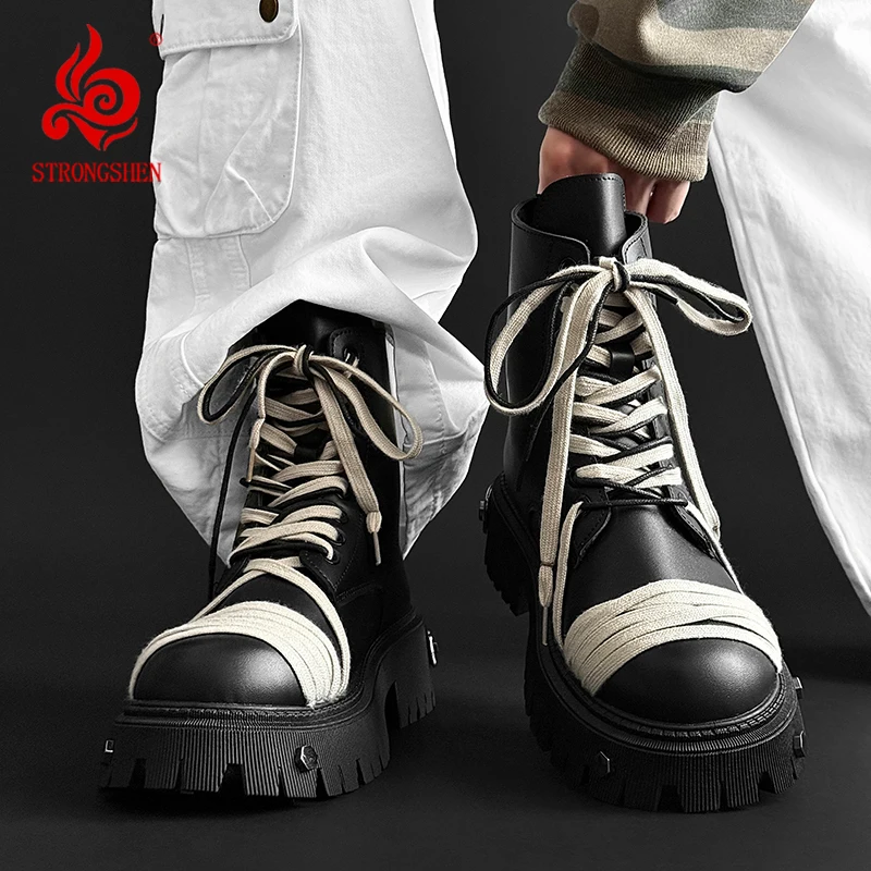 

Men Platform Ankle Boots Fashion Rivet Design Brand High Quality Outdoor Motorcycle Boots Lace-Up Work Shoes botas para hombre