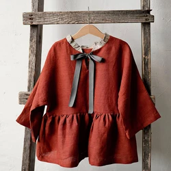 Children's Linen Shirt Chic Retro Splicing Crew Neck Ruffle Girls Cotton Linen Long-Sleeved Blouse Christmas Red Autumn Clothes