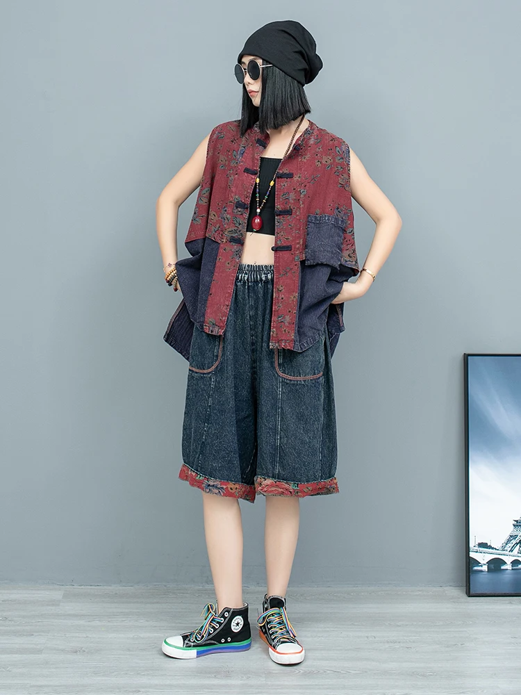 Big Flower Spliced Old Cloth Buckle Vest + Denim Straight Tube Trouser Two Piece Set Women Outfit 2024 Summer LX1601