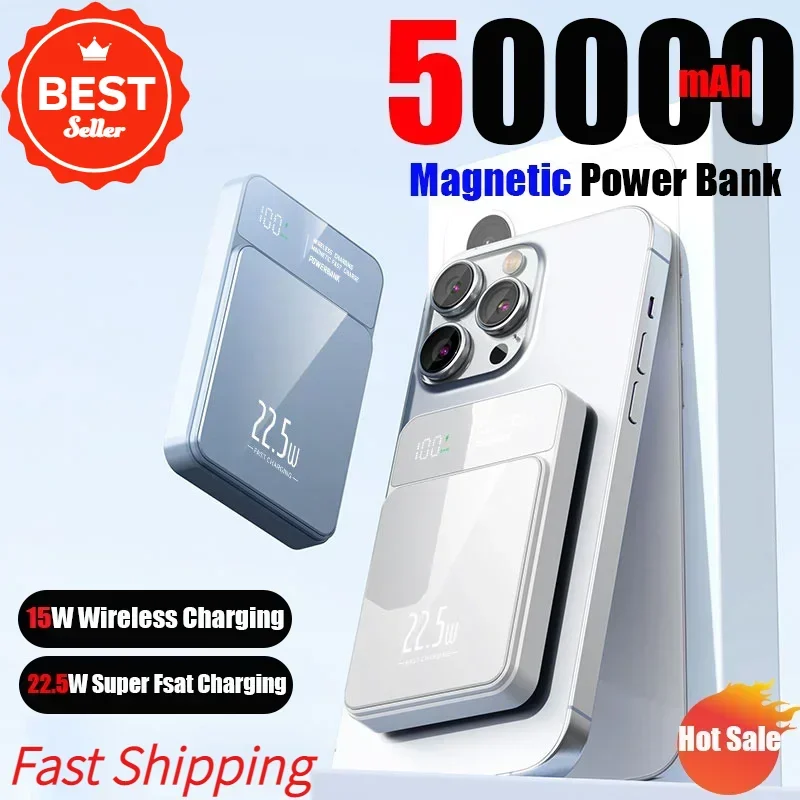 2025 PD 22.5W 50000mAh Power Bank Magnetic Wireless Fast Charging Magsafe Battery Charger Cases for iPhone Samsung Huawei Xiaomi