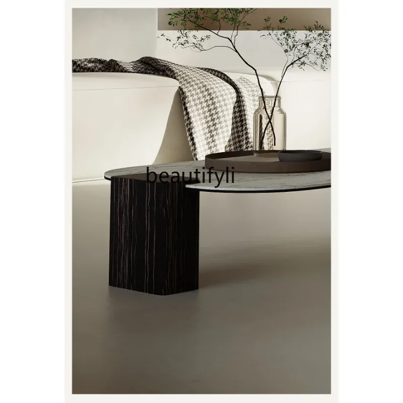 جديد Qiji نمط مربع لوحة حجرية طاولة القهوة بسيطة الحديثة الفن عالية الشعور مصمم نموذج خشب الأبنوس الجلد ضوء طاولة القهوة الفاخرة #4