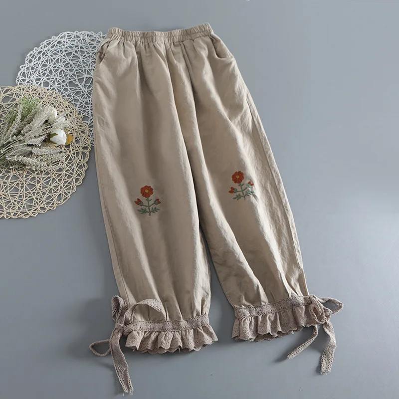 Pantalones de pierna ancha Harlan con bordado de pana Mori para mujer, pantalón de cintura elástica con cordones, para Otoño e Invierno