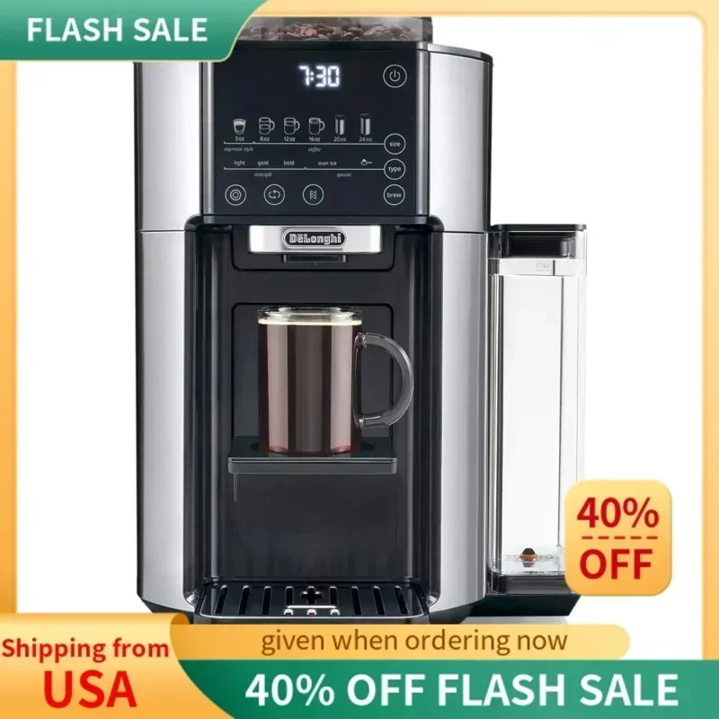 

Капельная кофеварка D2BDe'Longhi TrueBrew, встроенная кофемолка, одинарная подача, от 8 до 24 унций, горячий или холодный кофе, нержавеющая сталь, CAM51025MB