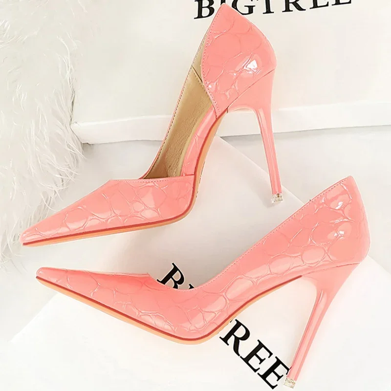 Women 10.5cm High Heels Stiletto Pumps Lady Square Toe Shallow Stone Pattern Peach Green Patent Leather Wedding Evening Shoes