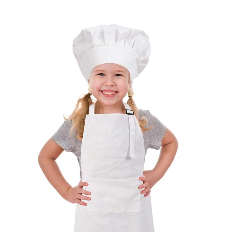 2024 Kids Apron and Chef Hat Set Adjustable Cotton Child Aprons with Large Pocket Girls Boys Kitchen Aprons for Cooking Baking