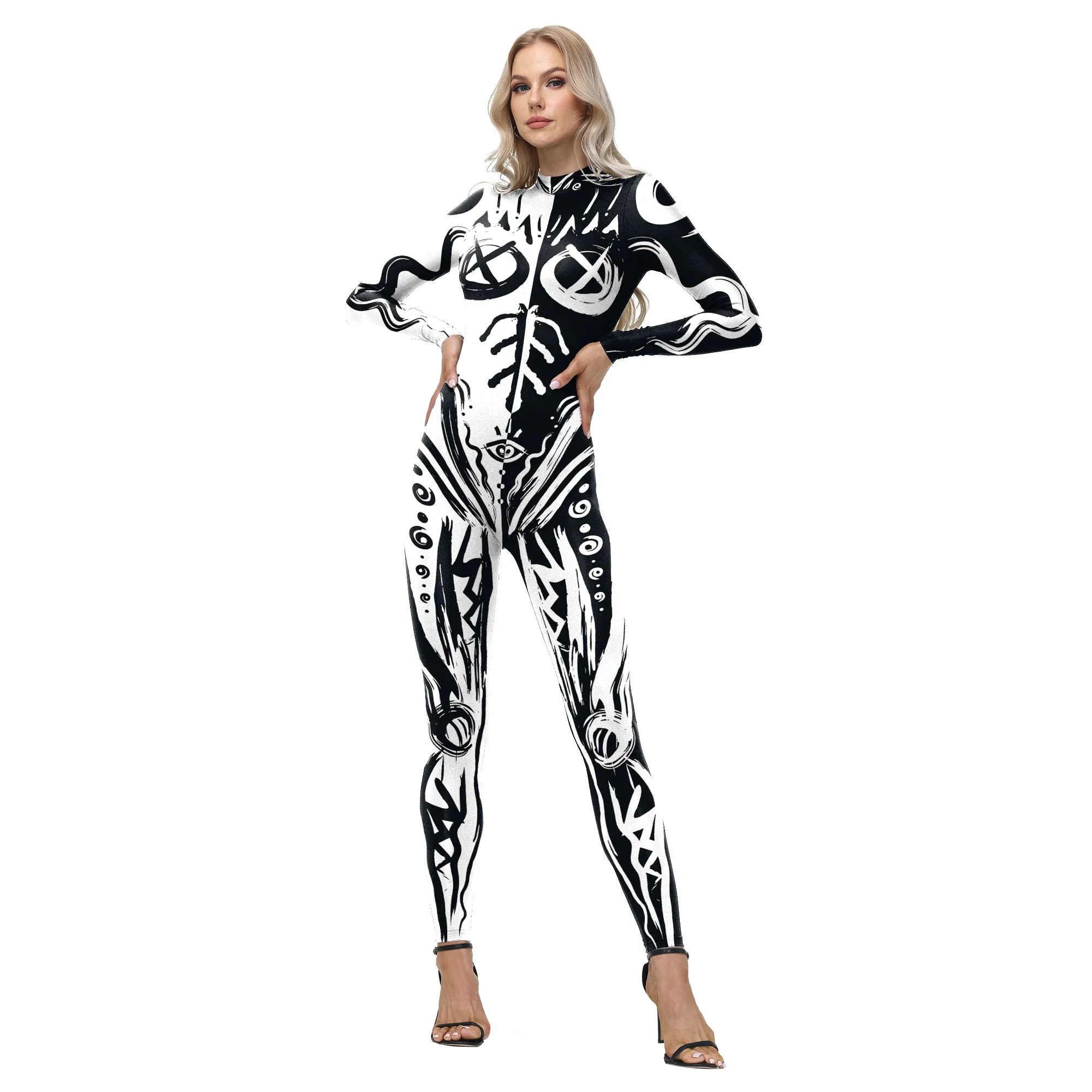Halloween Men's Sexy Graffiti Black And White Tribal Wizard Eyes Jumpsuit Carnival Party Cosplay Zentai Suits