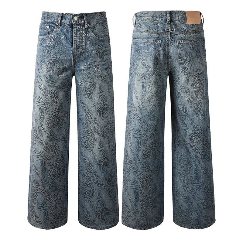 

American Streetwear Brand New Washed Do Old Jeans Retro Pattern Print Straight-leg Jeans Men Women High Street Denim Trousers