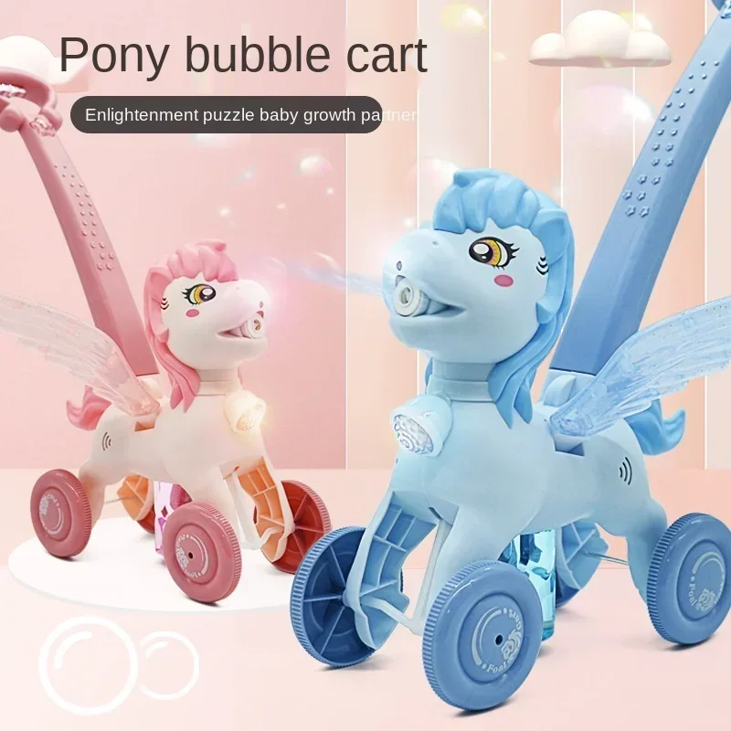 Pony Electric Bubble Machine Children\'s Hand Push Cartoon Unicorn Bubble Car Music Lighting Children\'s Toys Soap Water Birthday