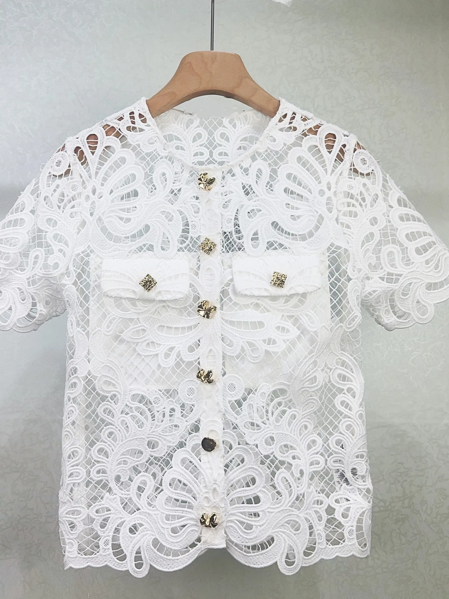 Women White Blouse Lace Crochet Perspective Single Breasted Short Sleeve O-Neck Elegant Summer 2024 Shirt