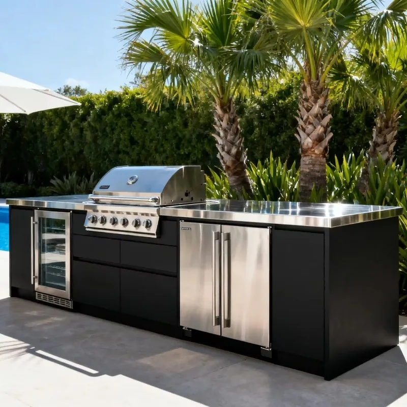 Supplier Manufacturer One Stop Solution Stainless Steel Outdoor Bulk Kitchen Cabinets Gas Grill BBQ with MlNI Fridgeand