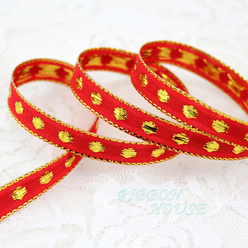 (25 yards/lot) 3/8'' (10mm) red gold edge dots ribbon grosgrain high quality gift packaging ribbons