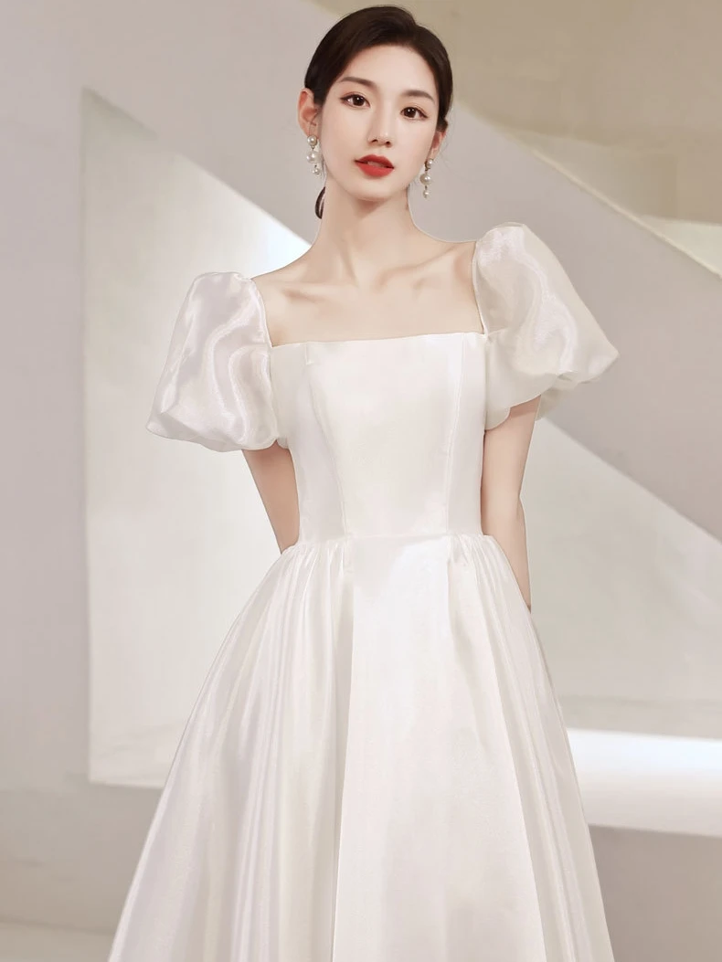 

Ele White Satin Wedding Dr 2023 New Simple Slimming Waist Design Forest System Travel Photoaphy ort Sve Long Dr