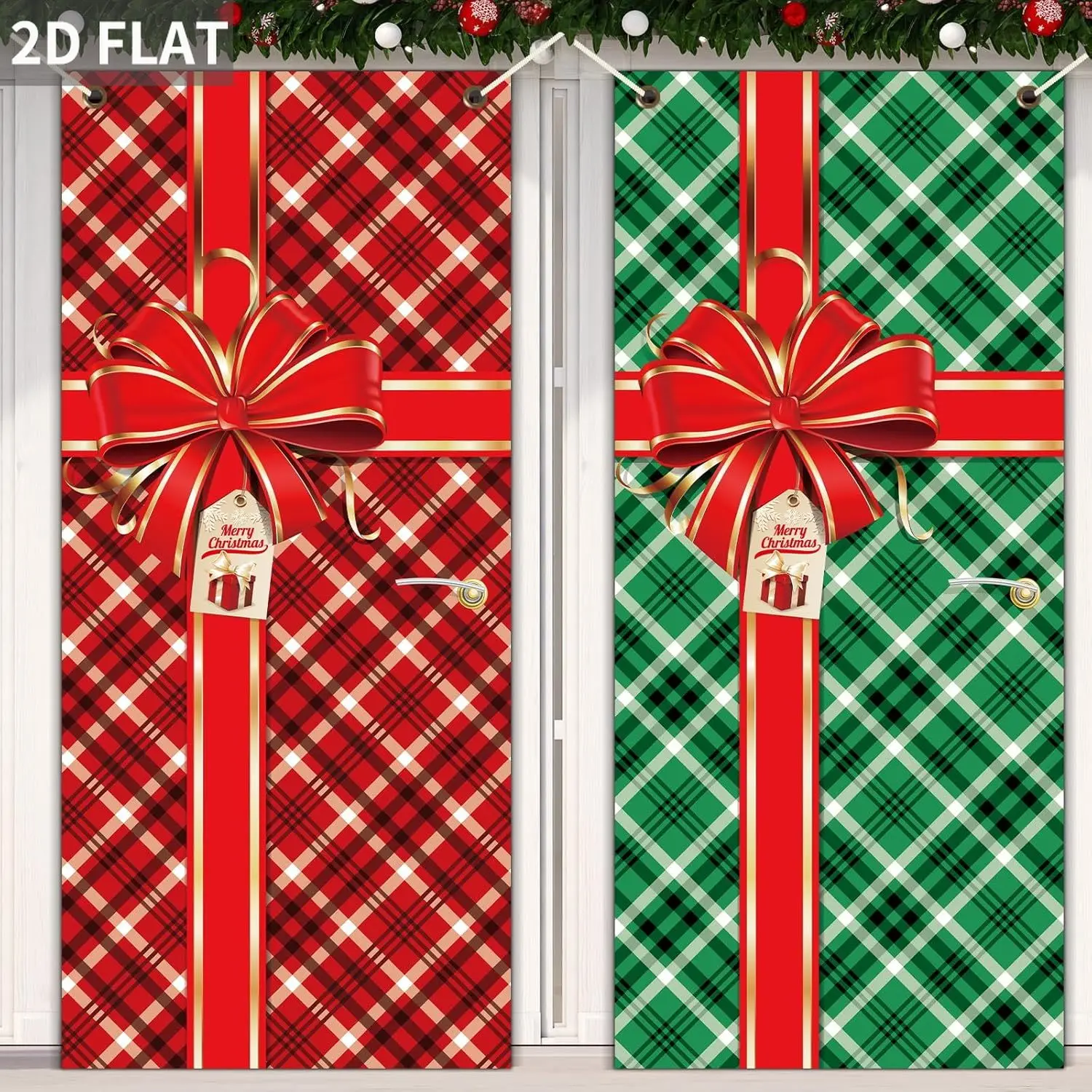 

1set/2pcs Christmas Checkered Plaid Bowknot Gift Box Door Banner, Party Supplies, Merry Christmas Polyester Door Hanging Cover