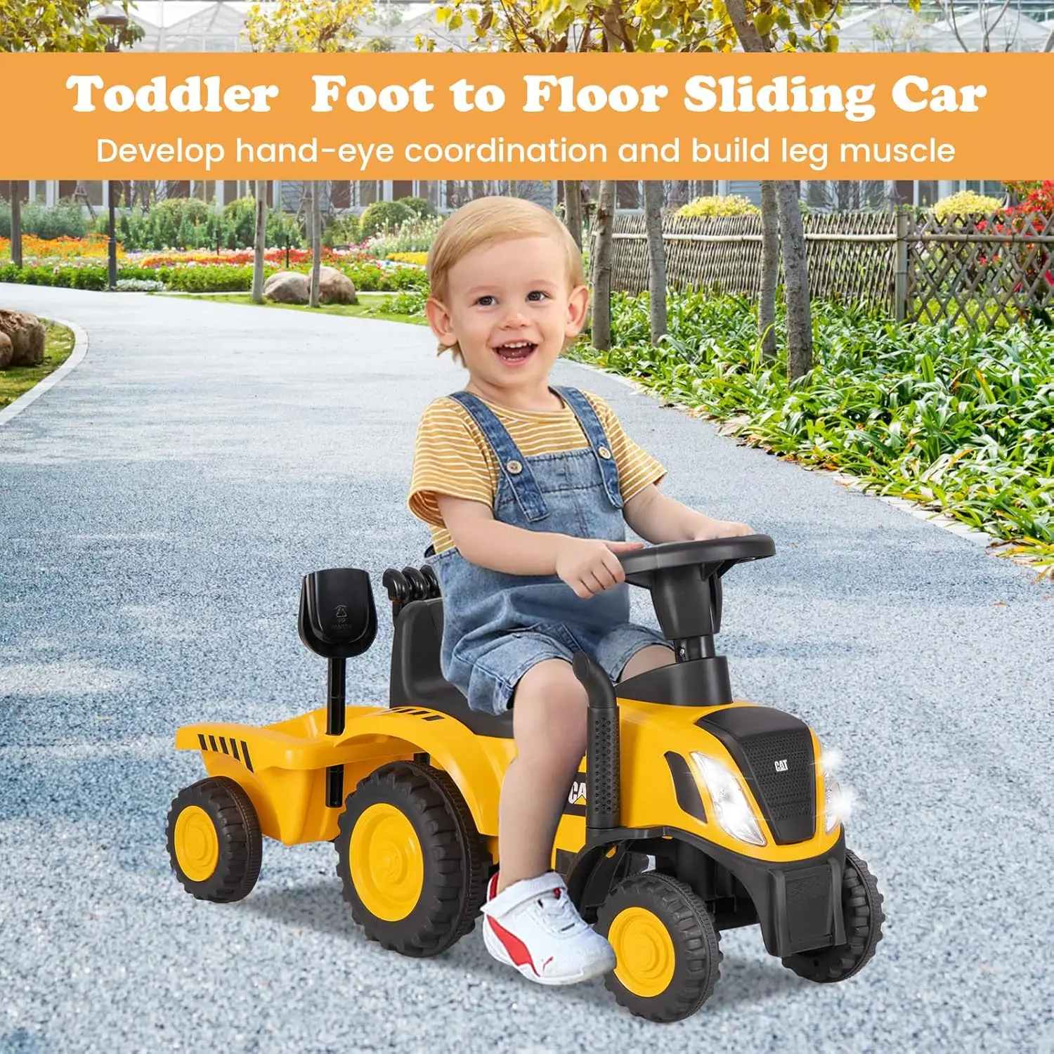 Passeio Caterpillar licenciado no trator, passeio 2 em 1 em carro push com reboque removível, farol, buzina, ancinho, pá, pé para fl