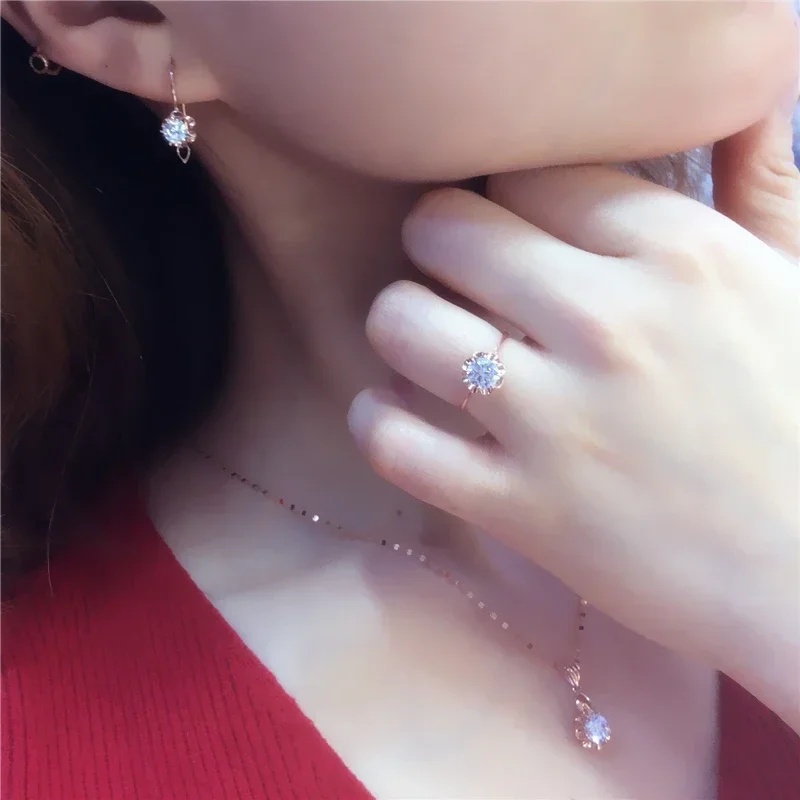 White Shiny Flower Jewelry Set Plated  Rose Gold Earrings for Women Charms Rings Necklace Elegant Light Luxury Necklaces