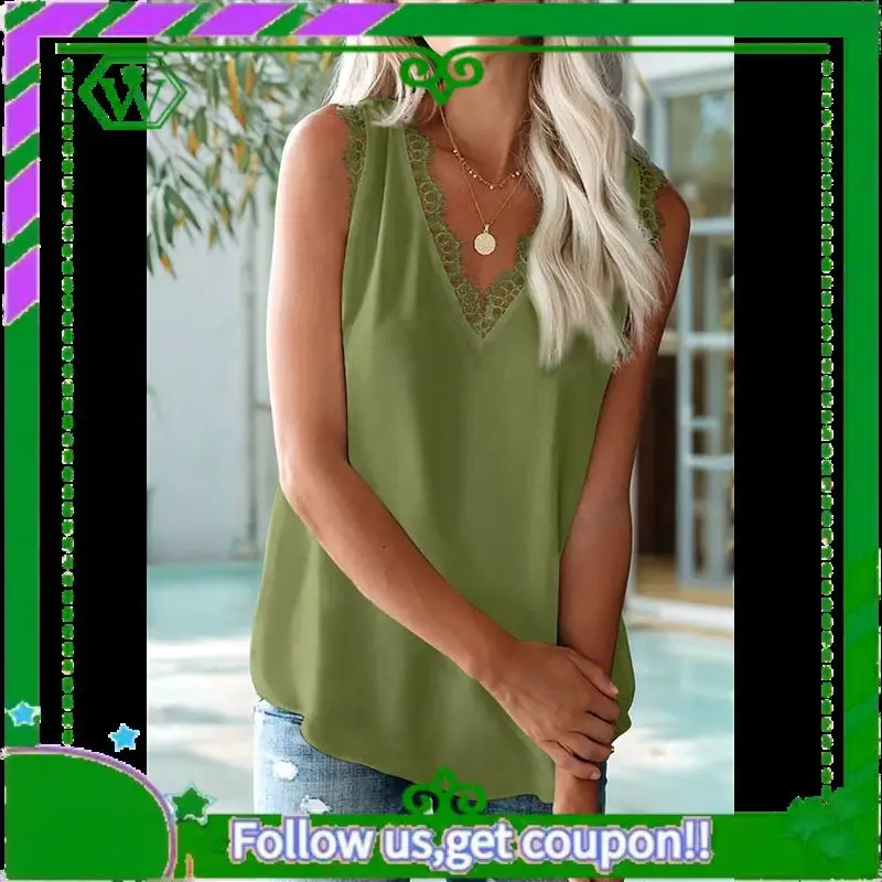 

A18P-женские топы на бретелях с кружевной отделкой, рубашки без рукавов с v-образным вырезом, лето 2025, повседневный модный нарядный топ на бретельках