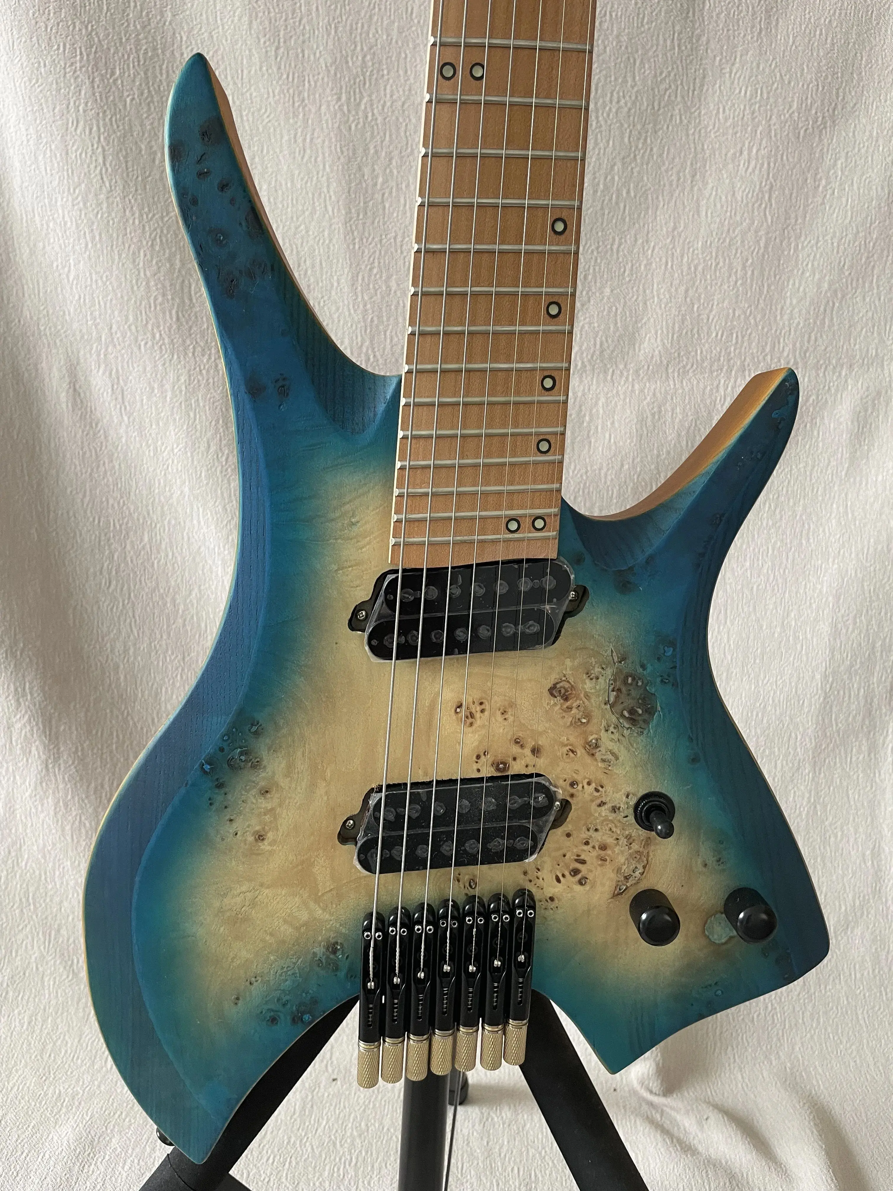 2024 New Fanned Frets 7 Strings Headless  Guitar Blue Burst Color Roasted Maple Neck Ergonomic Asymmetric Neck