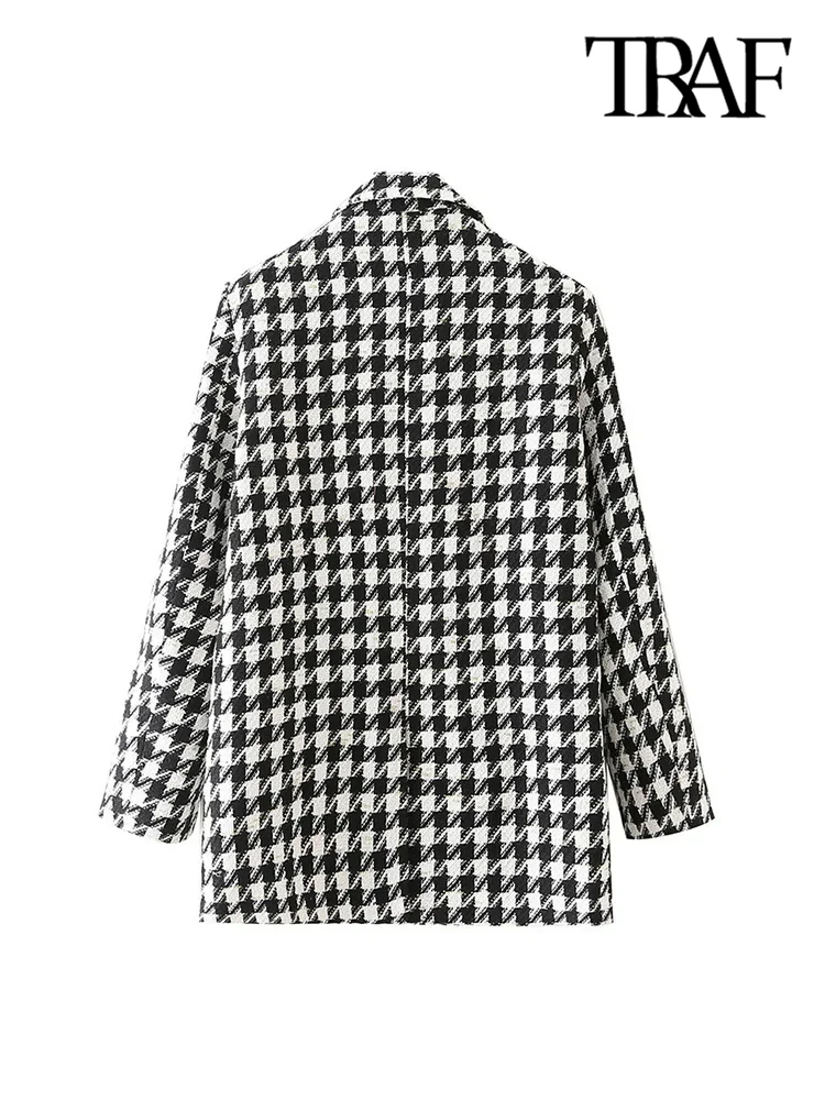 TRAF Women Fashion Houndstooth Tweed Blazer Coat Vintage Long Sleeve Flap Pockets Female Outerwear Chic Veste Femme