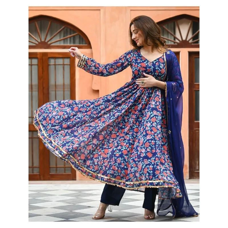 Blue Color Procin Printed Work Anarkali Long Salwar Suit Kurti Palazzo & Dupatta