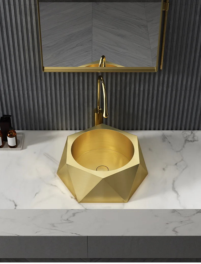 Luxury Brushed Gold Bathroom sink SUS304 Stainless steel Top Quality Golden Lavabo washbasin Geometric design 360*360*170mm