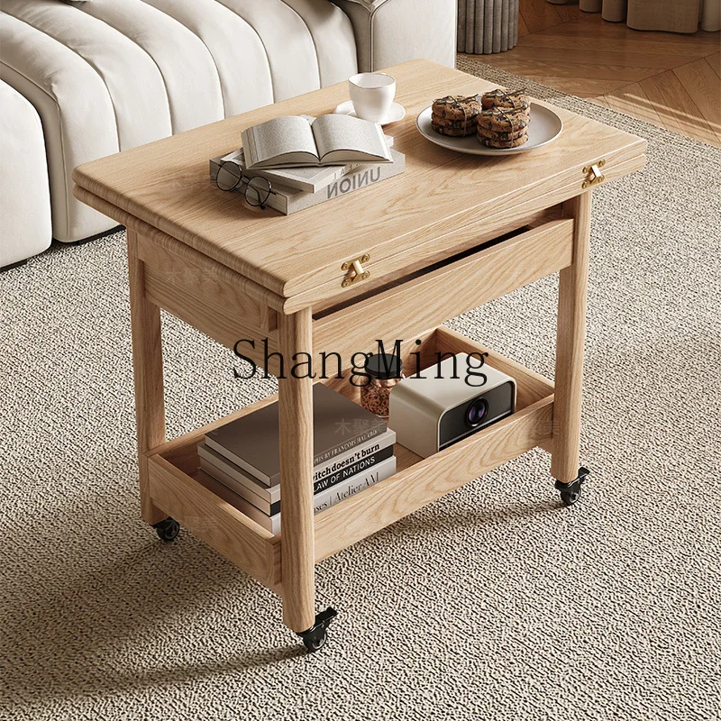 FG all solid wood movable coffee table living room sofa corner table modern simple multi-functional folding cart small apartment