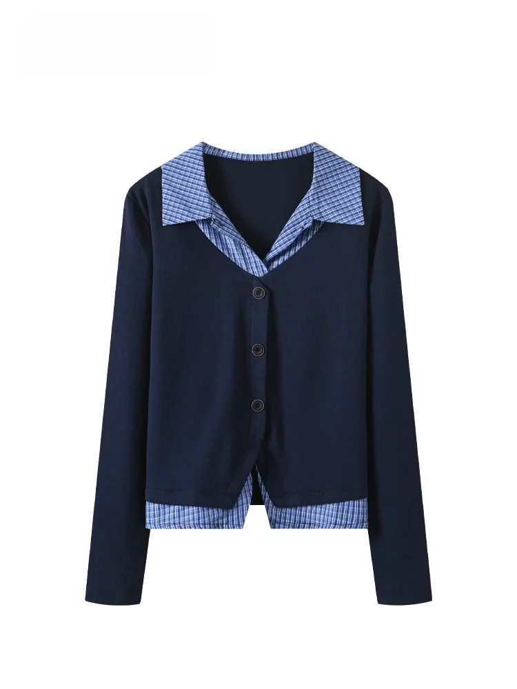 

plus Size Knitwear Long Sleeve Women's Fake Two-Piece Spring New Style College Style Fatty Sister Early Spring New Style