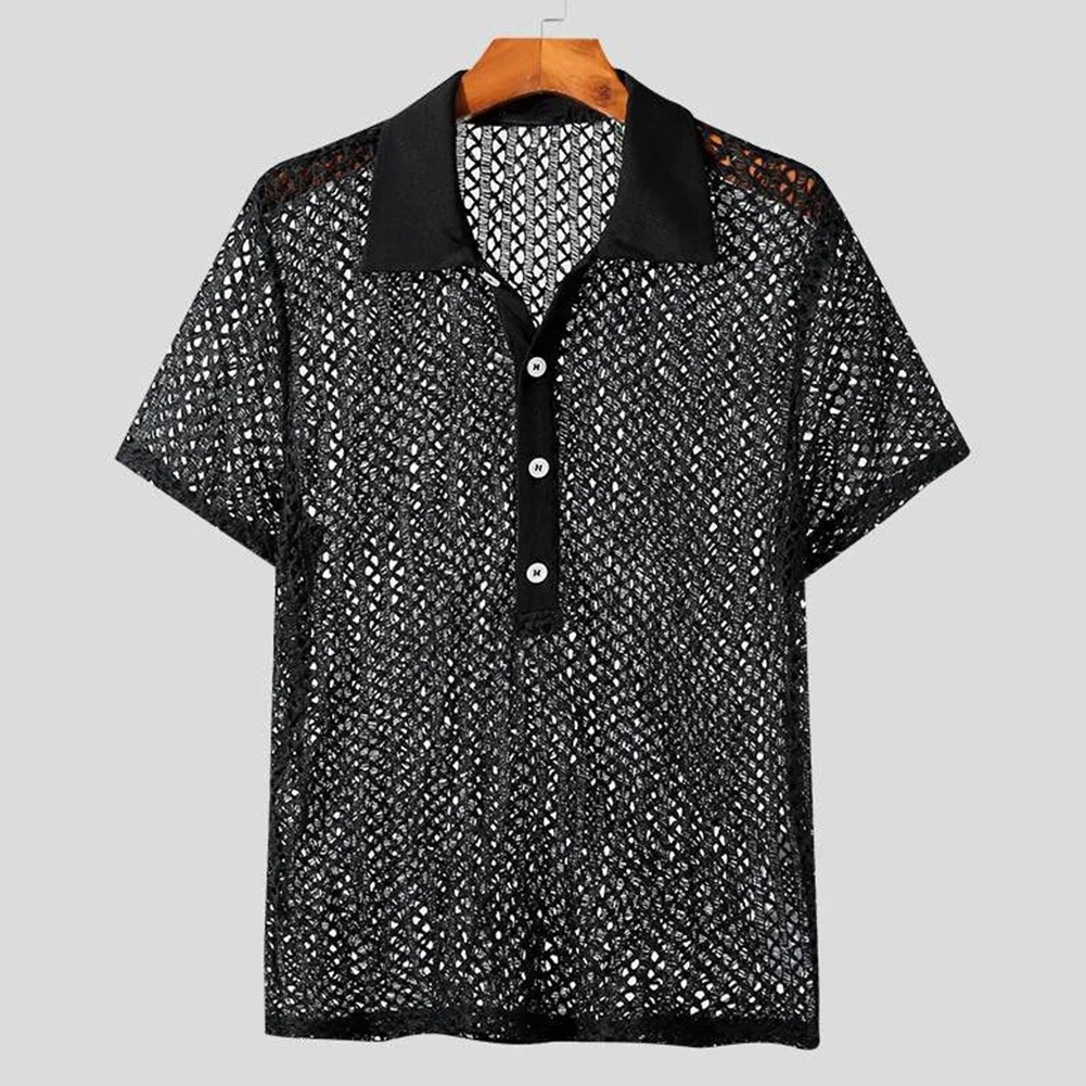 Men Casual Mesh Hollow Out Short Sleeve Tops Button V-Neck Streetwear Blouse Tee