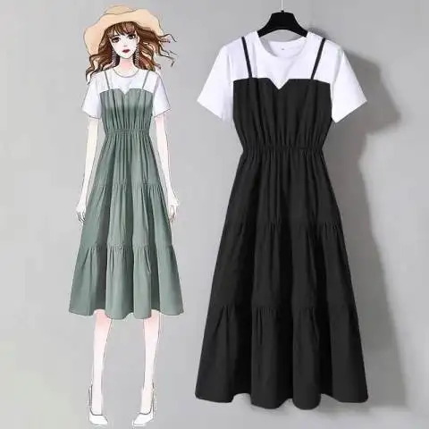 

plus Size Women's Fashionable Strap Midi Skirt Slimming Short Sleeve mid Waist A-Line Dress Korean Style Commute Wind Summer ...