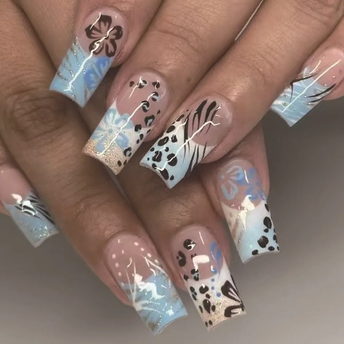 24Pcs Blue Mid-length Coffin False Nails Flower Leopard Print Ballet with French Design Nail Tips Full Cover Press on Fake Nails
