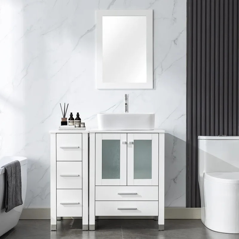 

Домашний туалетный столик для ванной комнаты 36 дюймов с комбинированной раковиной, основной шкаф 24 дюйма с боковым шкафом 12,6 дюйма, окрашенное хранилище для ванной комнаты Ca