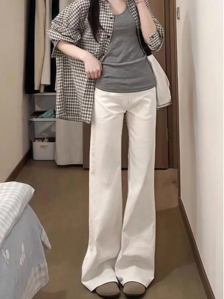 

White Elastic Micro Flared Denim Jeans Women's High Waist Slim Wide Leg Loose Not Sticky Floor Length Pants Casual Wear