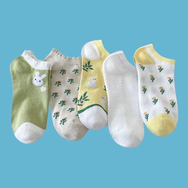 5/10 Pairs Summer Women's Casual Socks Invisible Ladies Pastoral Style Socks Middle School Students Thin Small Flower Boat