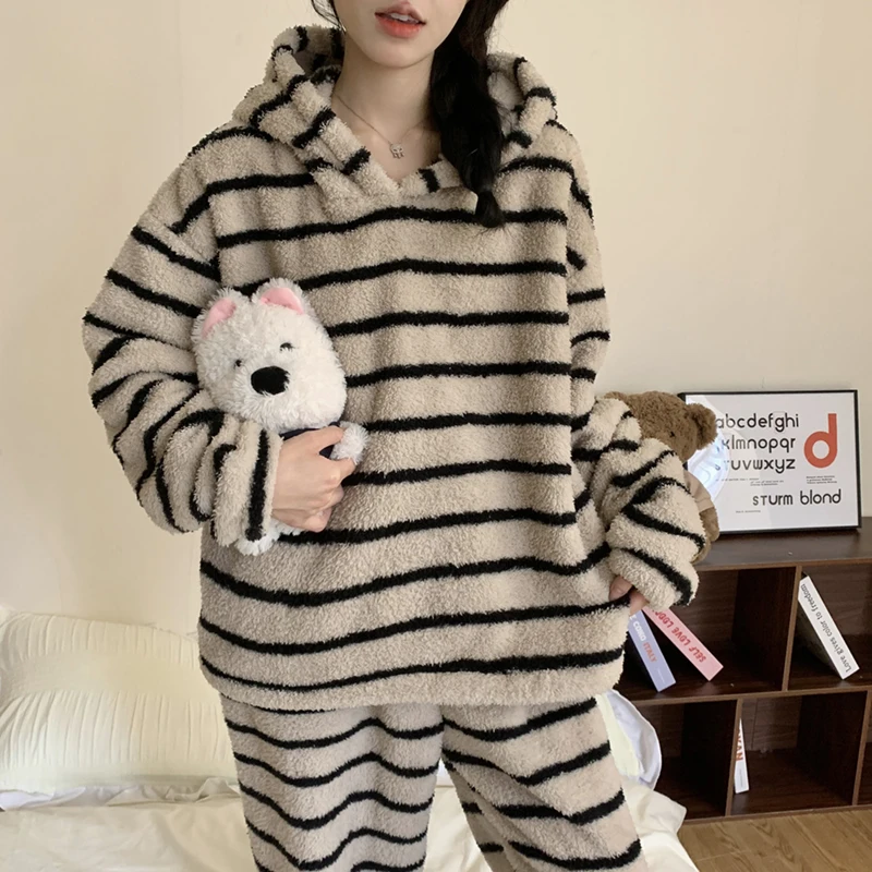 

Pajama Sets Extra Plus Women Terry Dark Solid Color Washable Ruffles Detail Round Neck Long Sleeve Capri Pants Winter Lady Unise