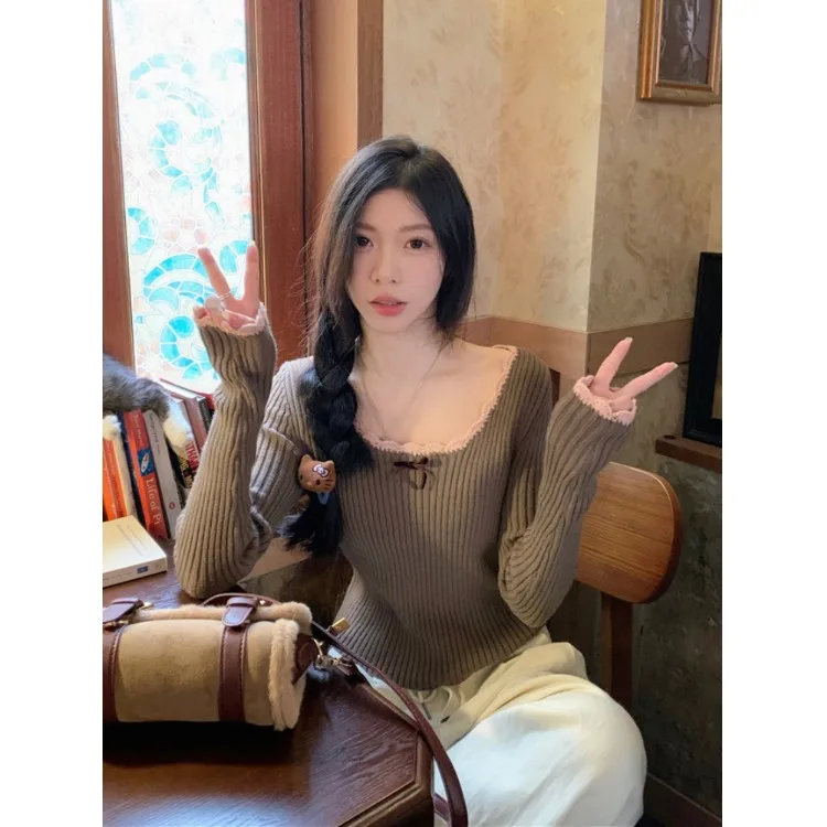 

Women's Knot ort Knitwear Spring Autumn Slim Fit Hook Flower Square Collar Knitted irt Inner Wear Base irt