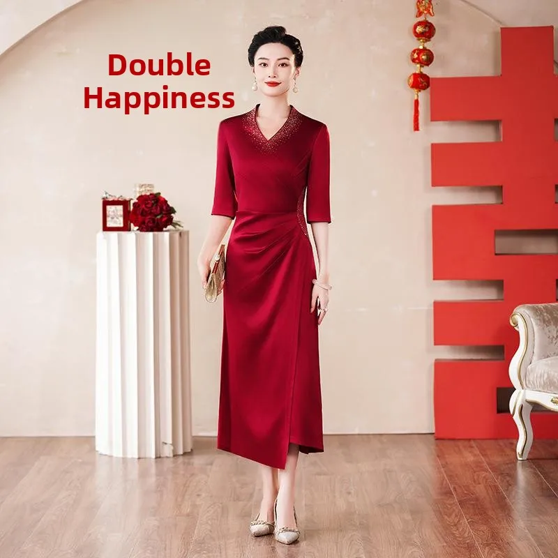 

Ele Wedding Guest Dr for Mother-In-Law High-End New Winter Sle Qipao Evening Gown for Wedding Celebration