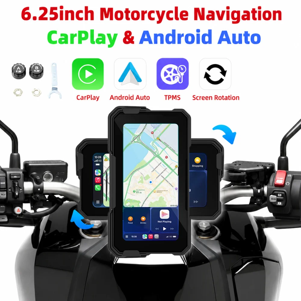 

6.25 Inch Wireless CarPlay Moto Android Auto Portable Digital Dashboard GPS Motorcycle Tire Pressure Monitoring Motorcycle TMPS
