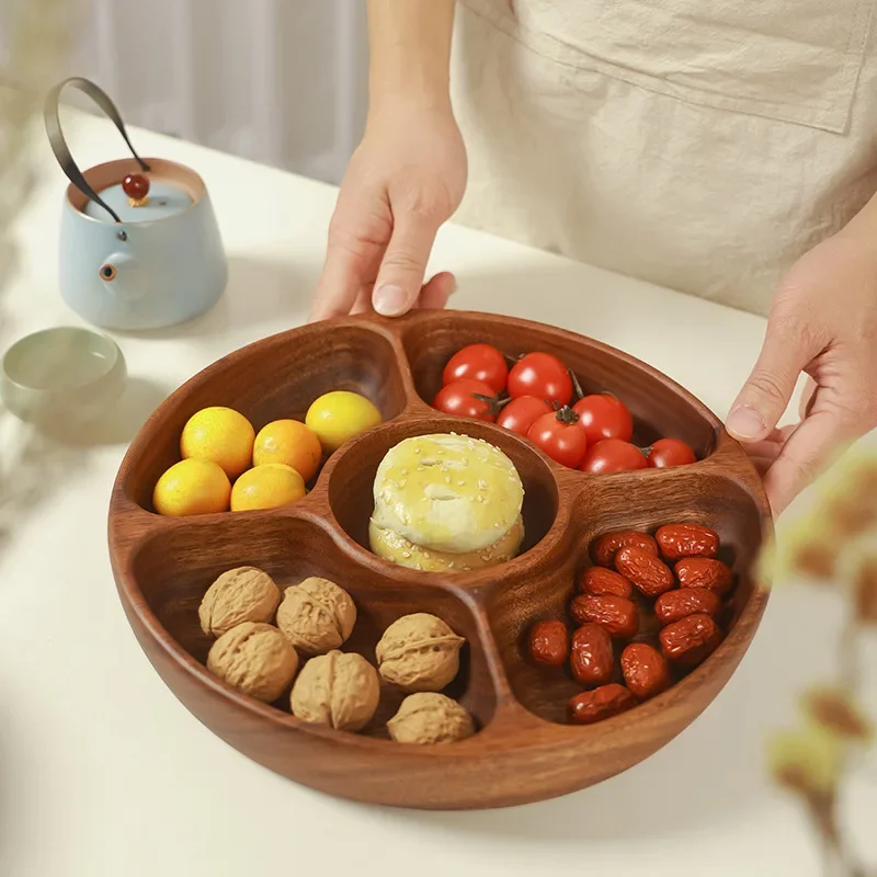 

HeMu Round Wooden Compartment Tray Snack Plate for Nuts, Fruits, Cookies & Appetizers Rustic 5 Compartment Food Dish for Kitchen