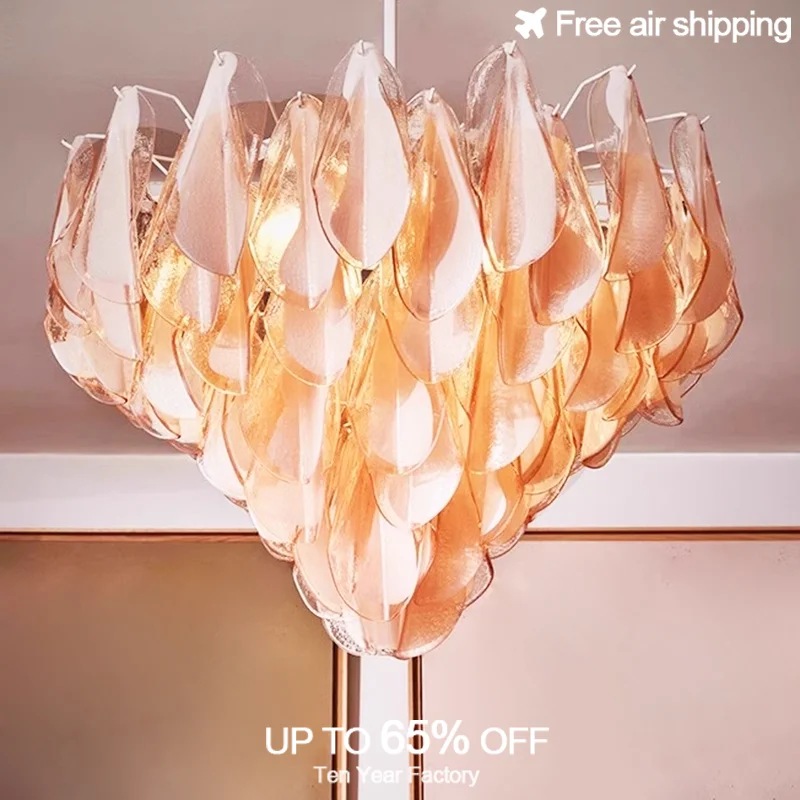 ثريا زجاجية كريستالية فاخرة وحديثة مع تصميم بتلات وردي وأخضر لغرفة المعيشة والمطبخ وغرفة النوم معلقة على السقف P