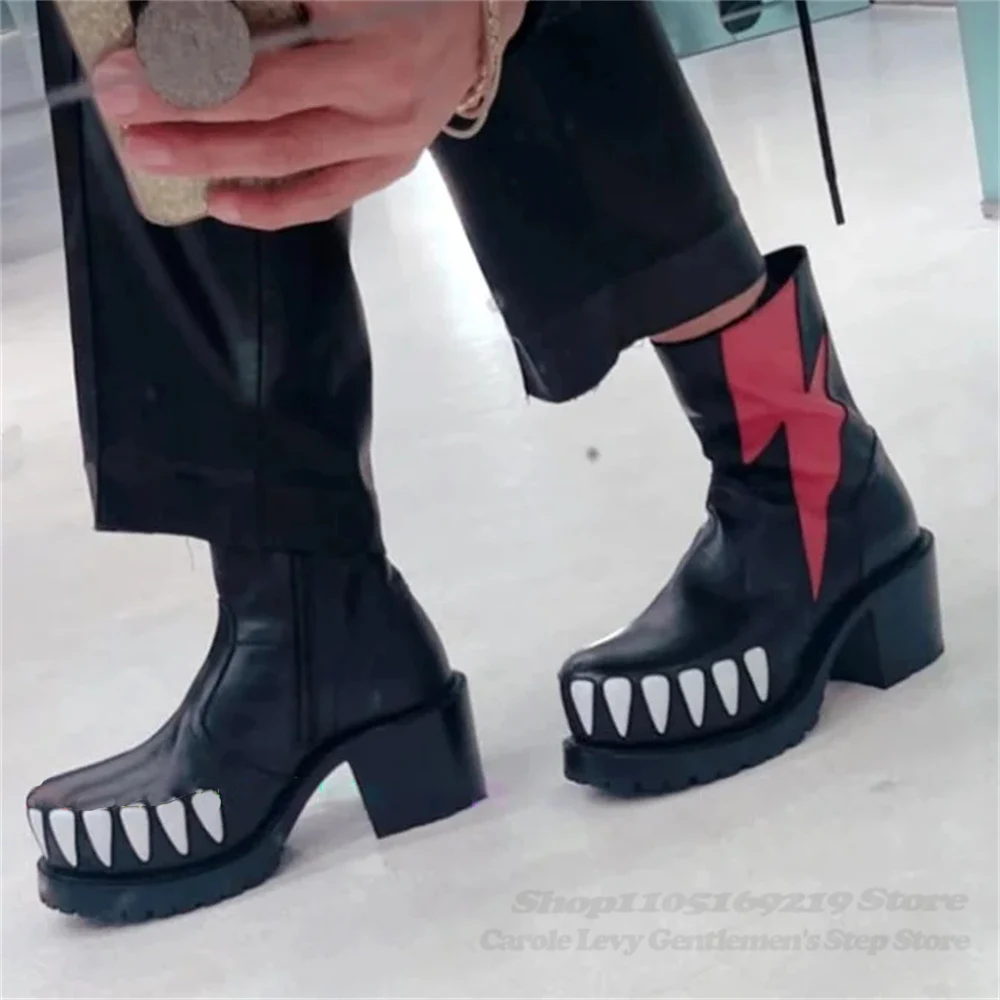 

Men Red Flame Teeth Pattern Chunky Heel Ankle Boot Round Toe Platform Thick Bottom Non Slip Side Zipper Street Trendy Boot